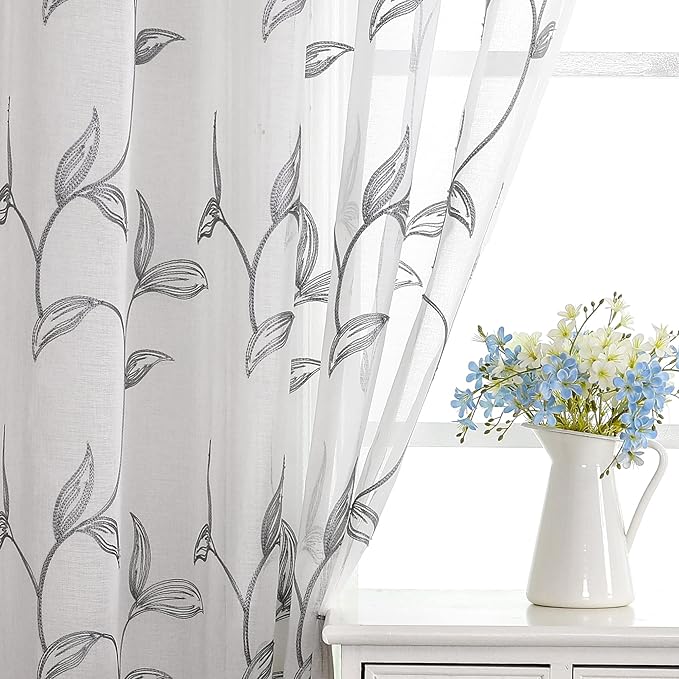 VISIONTEX Sheer Curtains 84 Inch Length 2 Panels, Decor Iron Grey Vine Leaves Embroidery on White Voile Pair, Accent Semi Window Drapes for Kitchen, Living Room and Bedroom, 54" W x 84" L