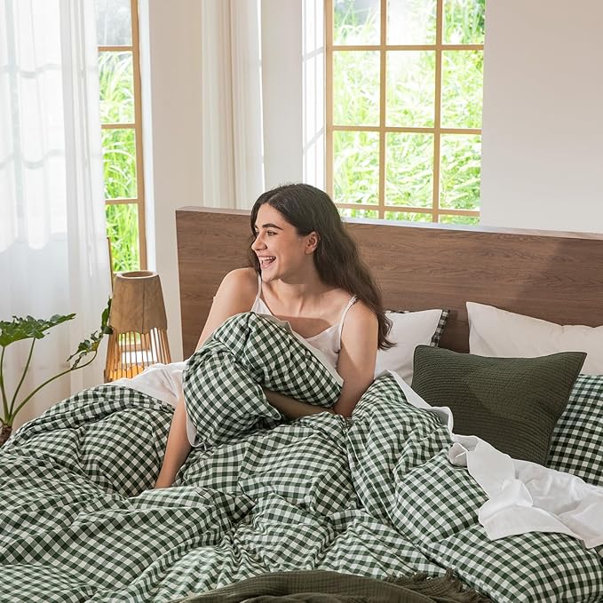 MooMee Gingham Duvet Cover Set 100% Washed Cotton Linen Like Textured Breathable Durable Soft Comfy Modern Checkered Design (Forest Green Gingham, King 104"x90")