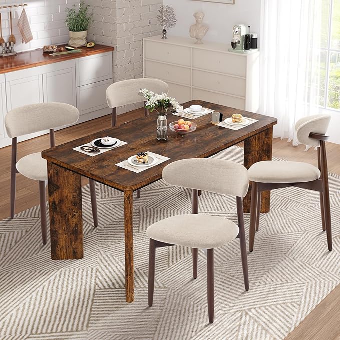 9-Piece Rectangular Dining Table Set for 8, 63" Industrial Kitchen Table with 8 Wooden Upholstered Dinner Chairs for Dining Room, Kitchen, Living Room, Brown+Beige