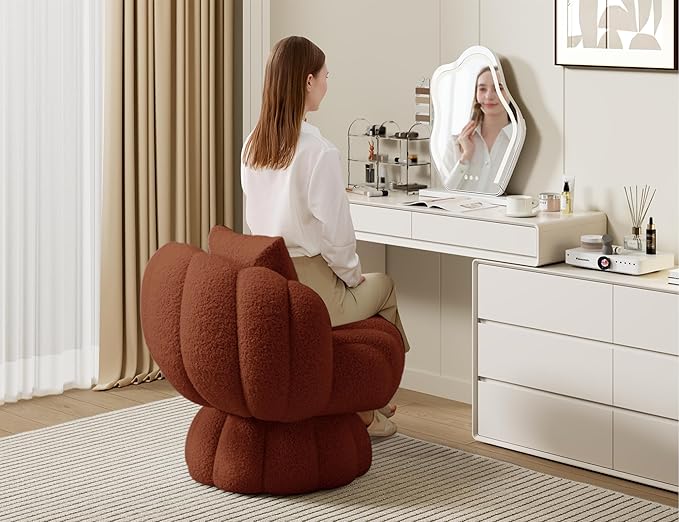Mid Century Modern 360 Degree Barrel Swivel Accent Vanity Chair,Fluffy Sherpa Fabric Lounge Wide Upholstered Pumpkin Reading Chair, Round Cloud Armchair for Living Room,Bedroom,Vanity(Burnt Orange)