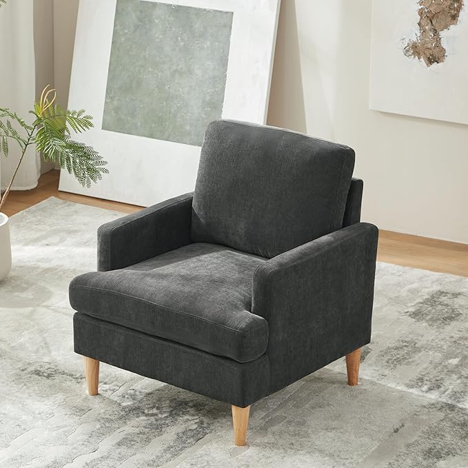 VKNOW Mid-Century Accent Chairs Set of 4, Modern Upholstered Chenille Armchair for Living Room,Comfy Reading Accent Chairs with Wood Legs for Bedroom, Dark Grey