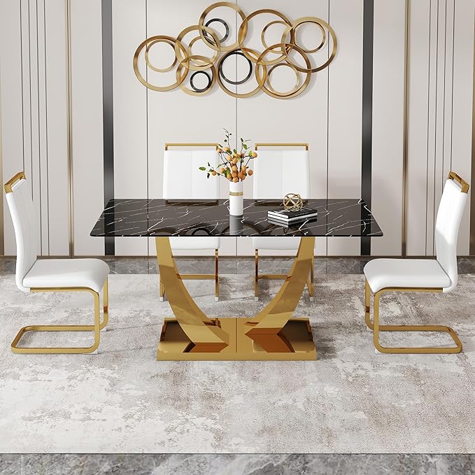 63” Dining Room Table Set for 4,Modern Gold Dining Table Set for 4, Rectangle kitchen Table Set With PU Leather Chairs,Black Faux Marble Dinner Table Set with Tempered Glass Top and Golden Base