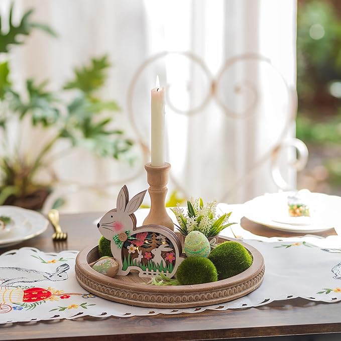 Hanobe Decorative Serving Tray Round: Brown Beaded Trays for Coffee Table Rustic Wooden Candle Holder Decor Farmhouse Vintage Centerpiece for Living Room Kitchen Counte