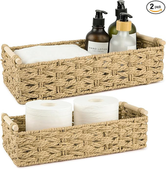 OIAHOMY Toilet Paper Baskets Handmade Paper Rope Decorative Wicker Storage Tank Shelf Cabinet Organizer for Bathroom Home, Set of 2, Yellow