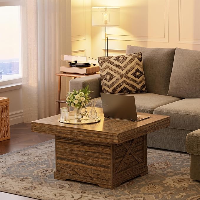 Coffee Table 31.5 in Rustic Center Table with X Design Wooden Pedestal for Living Room, Easy Assembly Small Square Home Office Tea Accent Table for Dining Room Apartment, Walnut