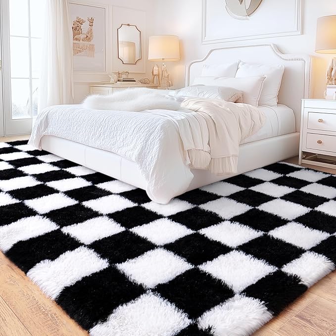 Checkered Rug for Living Room 6x9, Ultra Fluffy Fuzzy Shag Black and White Large Area Rug for Bedroom, Modern Plush Soft Upgrade Non-Slip Carpet for Kids Girls and Boys Room Dorm Home Decor