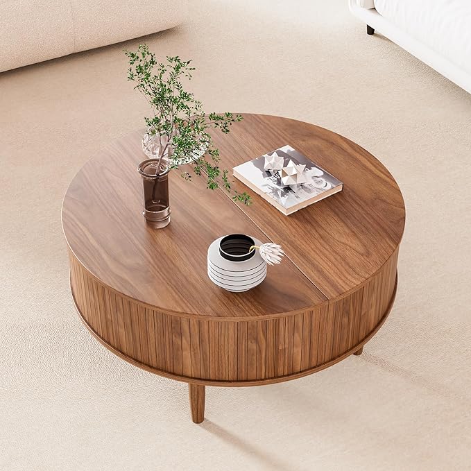 Round Fluted Lift Top Coffee Table with Storage, Mid Century Modern Coffee Table for Living Room, Home Small Space,31.5" Fluted Center Table (Walnut, 31.5inch)