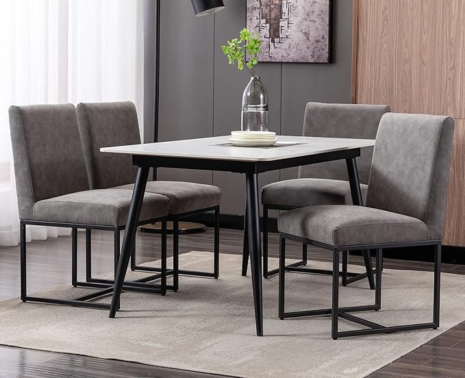 VESCASA Faux Leather Upholstered Dining Chairs with Black Metal Frame, Mid Century Modern Padded Kitchen Chair with Adjustable Foot Pads for Restaurant, Dining Room, Set of 4, Light Grey