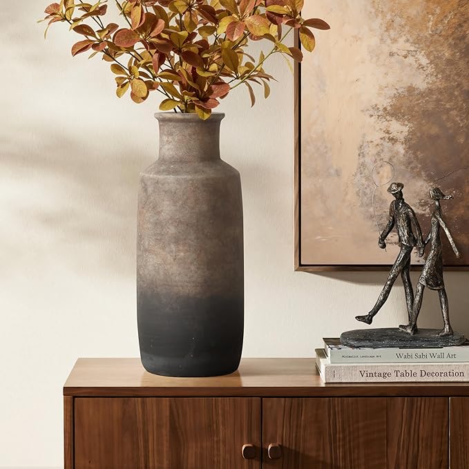 LuxenHome Rustic Ceramic Flower Vase,15'' Tall Brown Ombre Pottery Terracotta Narrow Floor Vases Home Decor,Farmhouse Vintage Vases for Living Room Decor,Modern Decorative Vase Home Décor Accents
