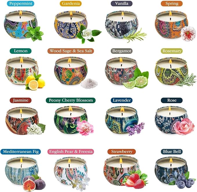 Scented Candles Gift Set, Natural Soy Wax Portable Travel Tin with Strongly Fragrance Essential Oils for Stress Relief and Aromatherapy - 16 Pack