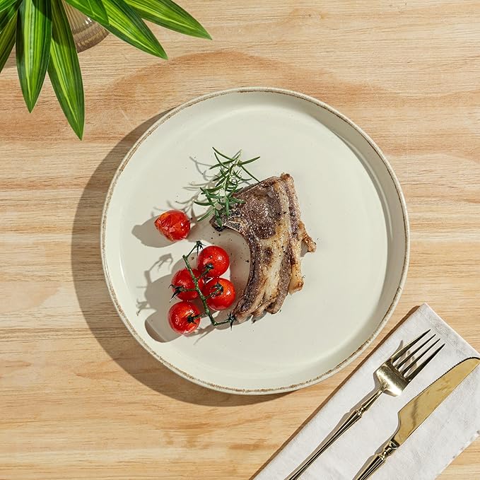 AmorArc 32 Pieces Ceramic Dinnerware Sets for 8, Handpainted Plates and Bowls Set with Rustic Terracotta Underside, Scratch Resistant Stoneware Dishes Set, Dishwasher & Microwave Safe, Light Beige