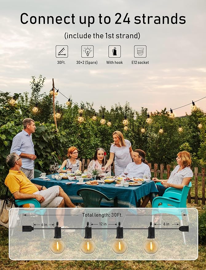 Brightown (2 Pack Outdoor String Lights - Globe Patio Lights 30 Ft with 30 G40 Shatterproof Bulbs, Waterproof Connectable Commercial Hanging Light for Backyard Bistro Porch Cafe Deck