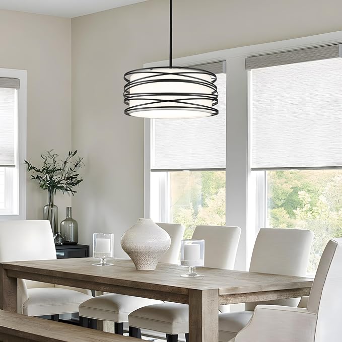 16" Black Drum Pendant Lighting Kitchen Island 3-Light Modern Farmhouse Chandelier with White Fabric Shade Rustic Hanging Light Fixtures for Dining Room Hallway Bedroom Foyer