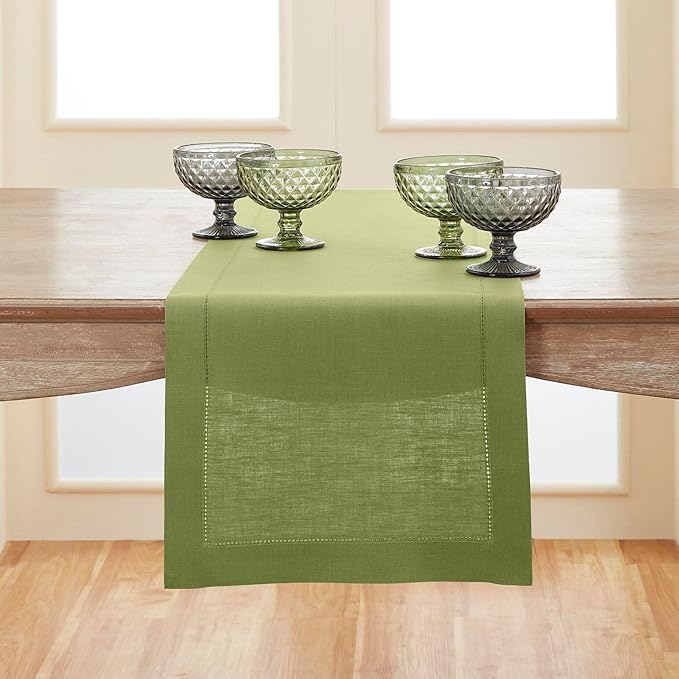 Solino Home Linen Moss Green Hemstitch Table Runner 36 Inches - 100% Pure Linen Small Table Runner 14 x 36 Inch Ideal for Dresser and Coffee Tables - Classic Hemstitch - Fall, Halloween, Thanksgiving