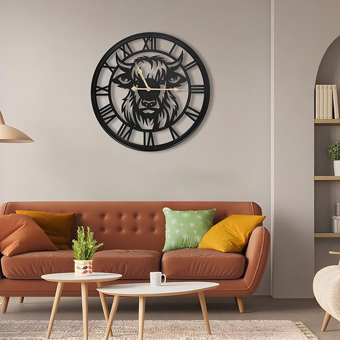 Wall Clocks Battery Operated, Large Slient Black Metal Decorative Wall Clock,Big Wall Clocks for Living Room Decor,Bedroom, Kitchen, Dining Room (Highland Bull Wall Clock, 30 Inch)