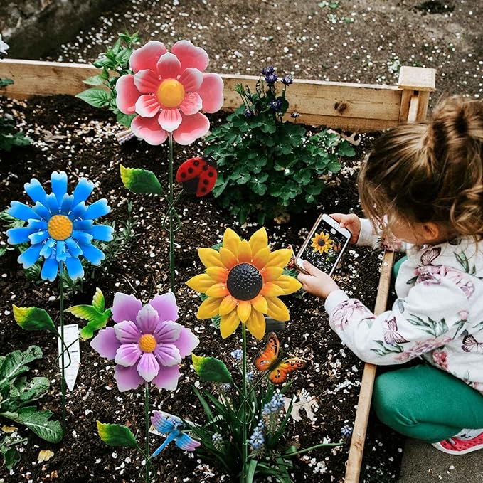 Solar Garden Stake Lights, Metal Flower Design, 4 Pc. Set for Outdoor Decor, Garden, Patio, Pathway