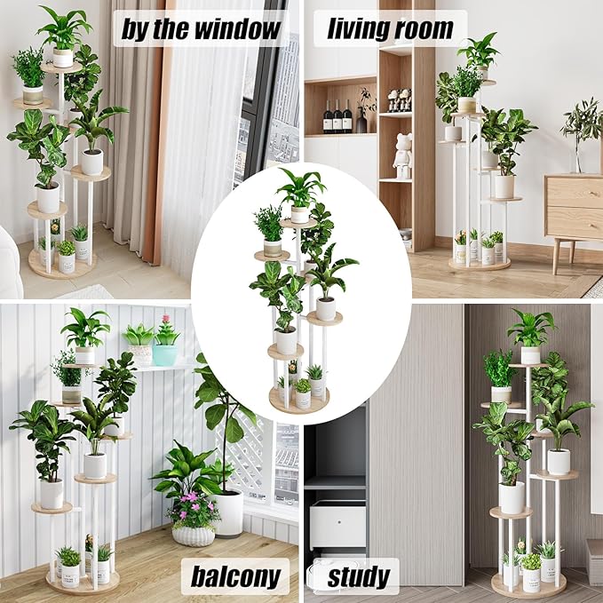 Plant Stand Indoor 6 Tier 9 Potted Multiple Flower Pot Holder for Patio Garden Balcony Living Room Corner (6 Tier White+Sonoma Oak)