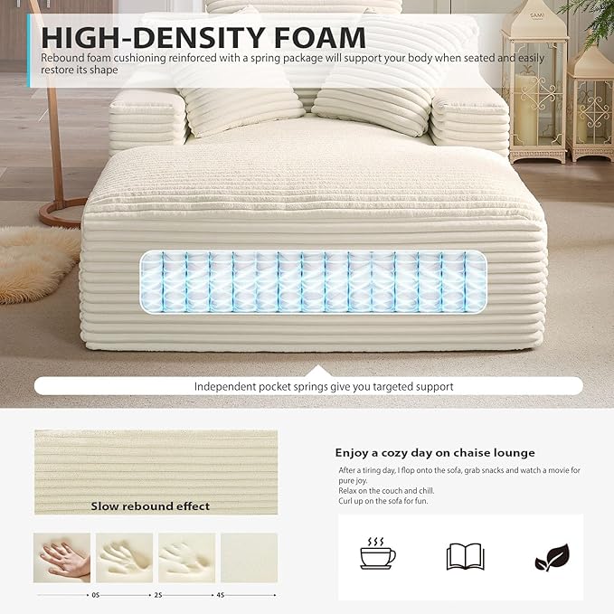 Oversized Chaise Lounge Chair Indoor, Corduroy Sofa Bed with Throw Pillows, Cozy Cloud Couch, Upholstered Sleeper Sofa Couch for Living Room, Bedroom, Apartment, White