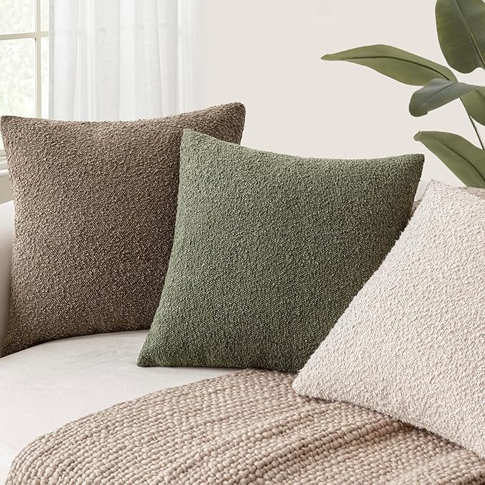 Foindtower Pack of 2, Decorative Textured Boucle Throw Pillow Covers Neutral Accent Solid Pillow Cases Cozy Soft Couch Cushion Case for Chair Sofa Bedroom Living Room Home Decor 22x22 Inch Light Brown