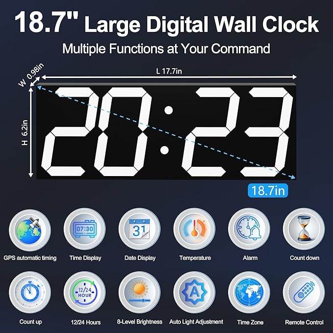 Digital Clock with Large Display 18.7 Inch, GPS Auto-Sync Time, Wall-Mounted with Remote Control, Ideal for Classroom Use