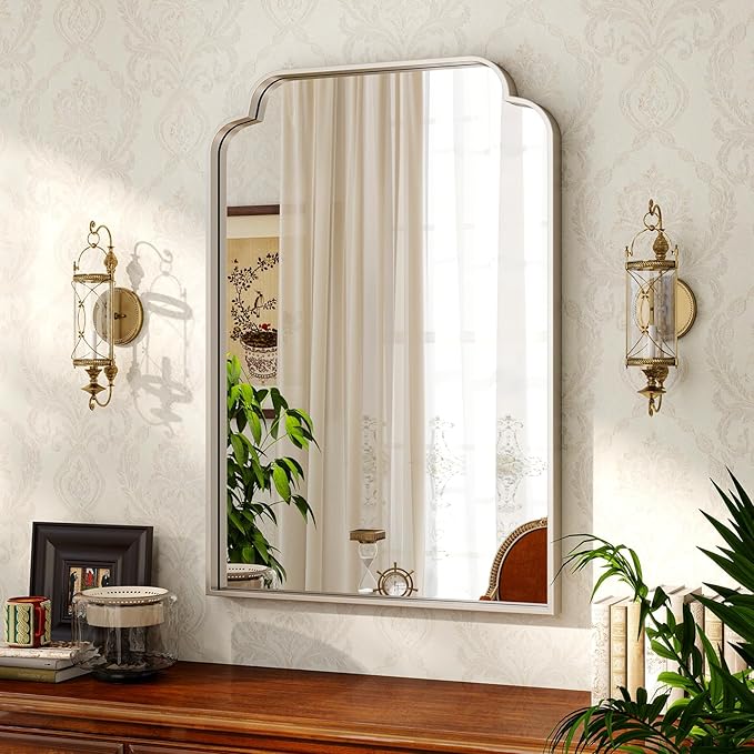 20" x 30" Silver Arch Bathroom Mirror, Wall Mounted Vanity Mirror with Metal Frame, Modern Decorative Scalloped Wall Mirror for Sink, Bedroom, Living Room, Entry, Farmhouse Home