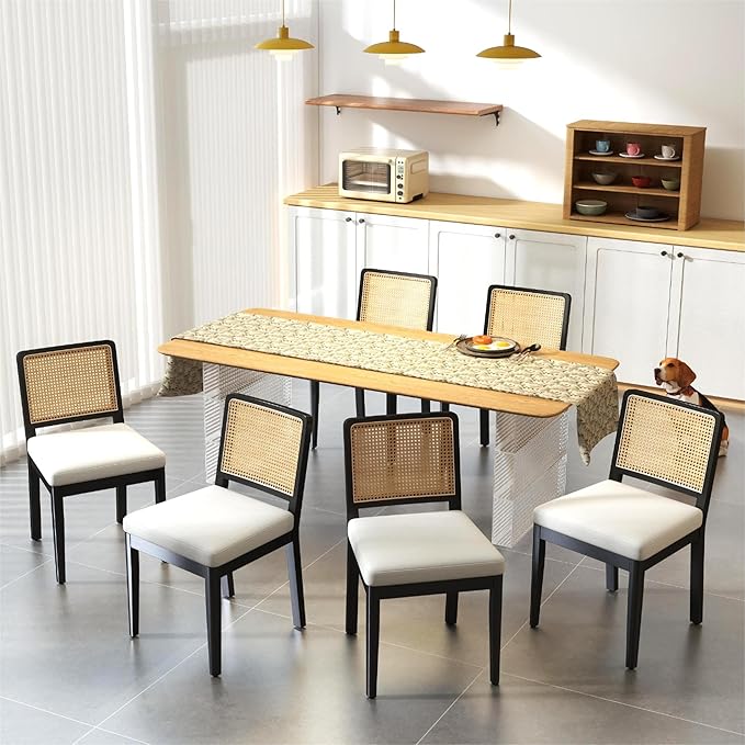 LukeAlon Farmhouse Rattan Dining Chairs Set of 4, Mid Century Modern Linen Kitchen & Dining Chairs with Solid Wood Legs, Woven Cane Upholstered Kitchen Chairs Side Chairs for Dining Room, Beige