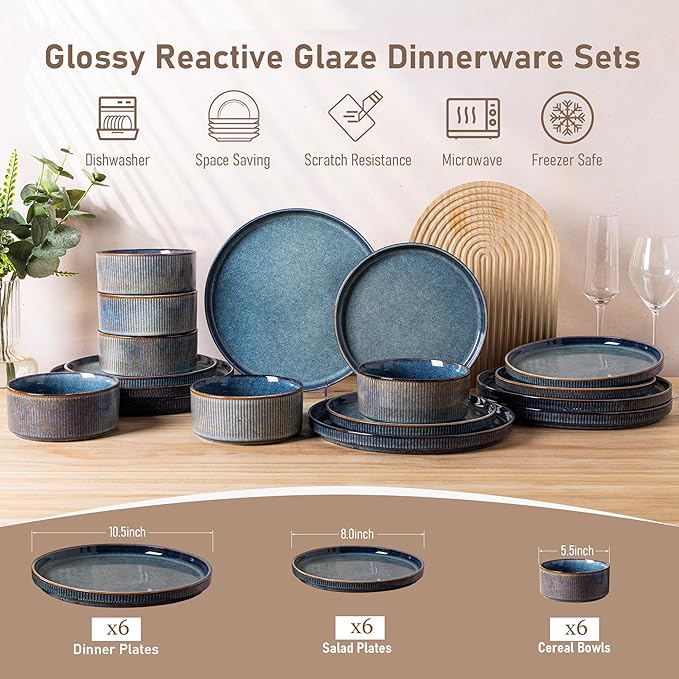 GBHOME Stoneware Dinnerware Sets for 6,Round Reactive Glaze Ceramic Plates and Bowls Set,Highly Scratch Resistant | Dishwasher & Microwave Safe Dishes Set,Service for 6(18Pcs)