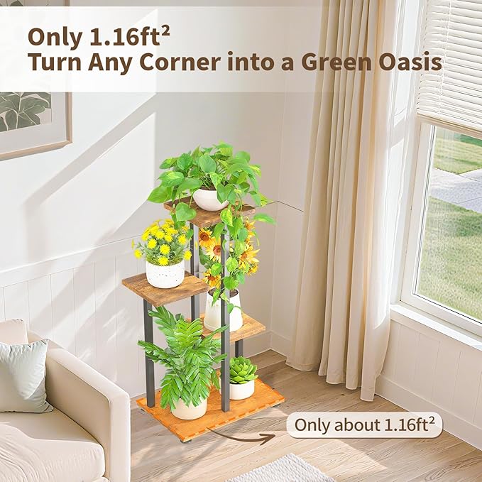 LASZOLA Black 4 Tiered Wood Plant Stand Indoor for Large Heavy Duty Planter, Sturdy Multi Level Corner Vertical Flower Rack for Narrow House, Rustic Tall Orchid Shelving Holder for Decor, Space Saving