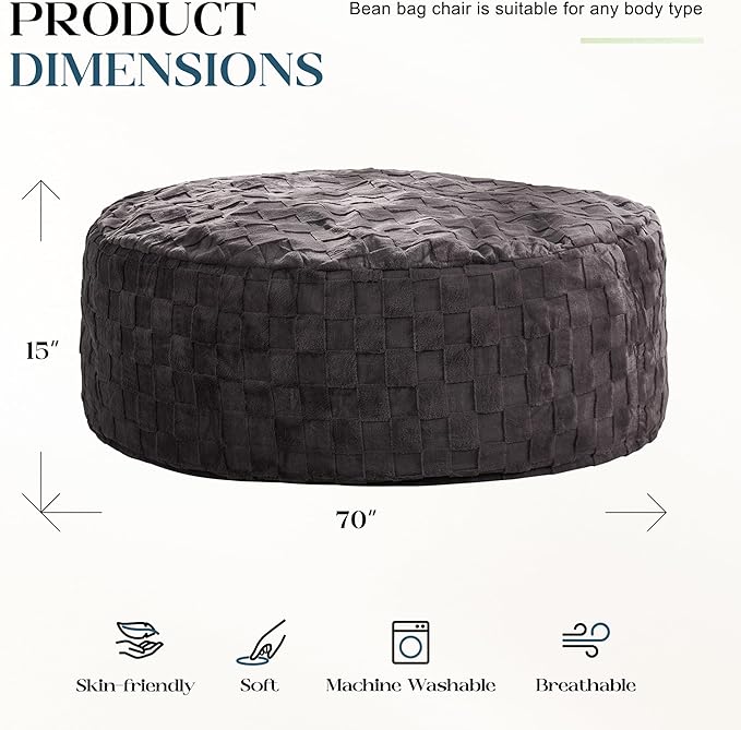 Hobestluk Bean Bag Chairs Beanbag Chair with Filler Adult Bean Bags with Fluffy Cover, Giant Bean Bag Chairs for Adults for Living Room, Bedroom (Dark Grey, 6FT - 70" x 70" x 15")