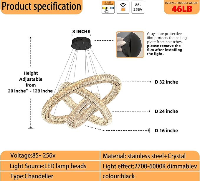 3 Rings Crystal Chandeliers for Living Room Black Chandelier High Ceiling Chandeliers for Foyer LED Dimmable3000-6000K D32+D24+D16