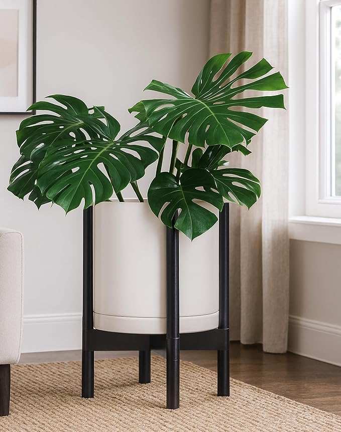 D'vine Dev Ceramic Planter with Ebony Stand - 12 Inch Modern Round Flower Pot with Wood Planter Holder, Oatmeal, 55-B-H-8