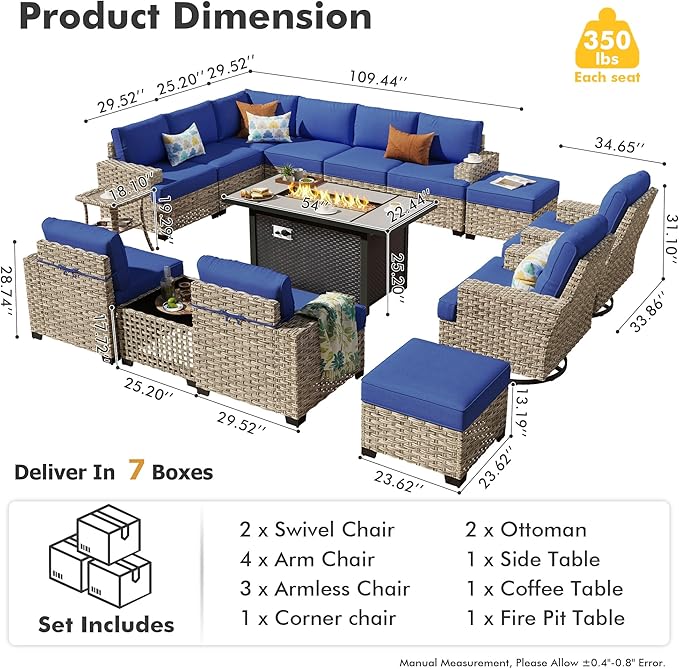 HOOOWOOO Outdoor Sectional Patio Furniture Set with Fire Pit Table,15 Pieces Wicker Conversation Sets L Shaped Couch,Extra Deep Out Door Sofa Outside Furniture with Swivel Chairs Ottomans,Navy Blue