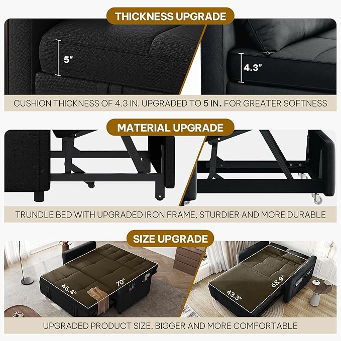 DWVO 55" Convertible Sofa Bed, 3-in-1 Sleeper Sofa with Pull-Out Bed, Linen Futon Couch with Adjustable Backrest and Side Pocket, Modern Loveseat for Living Room Apartment, Balck