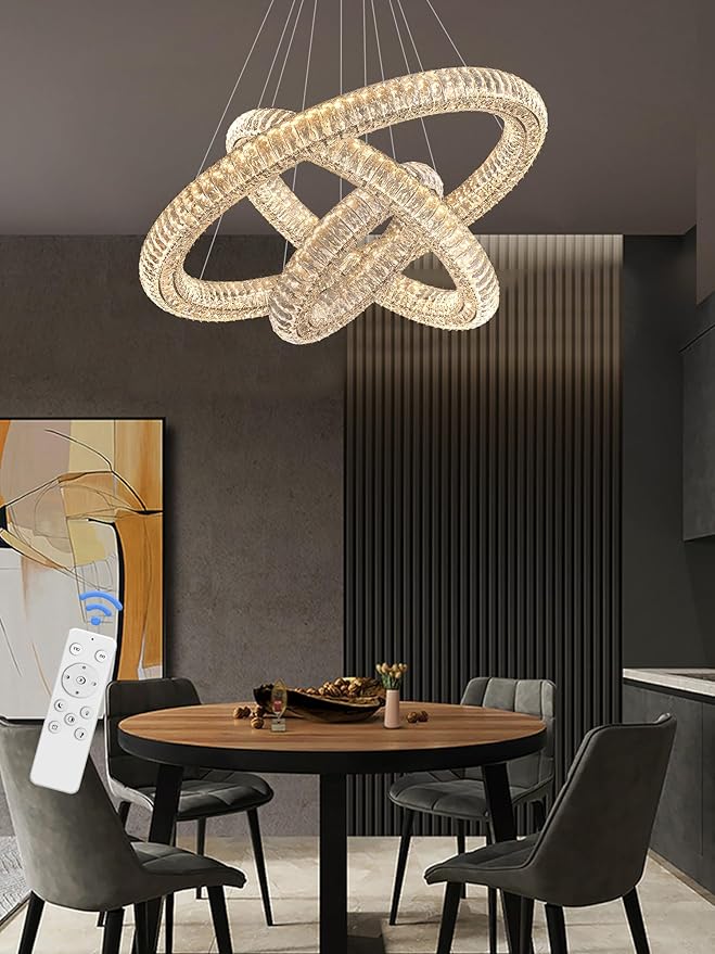 3 Rings Silver Crystal Chandeliers for Living Room High Ceiling Chandeliers for Foyer LED Dimmable3000-6000K D32''+D24''+D16''