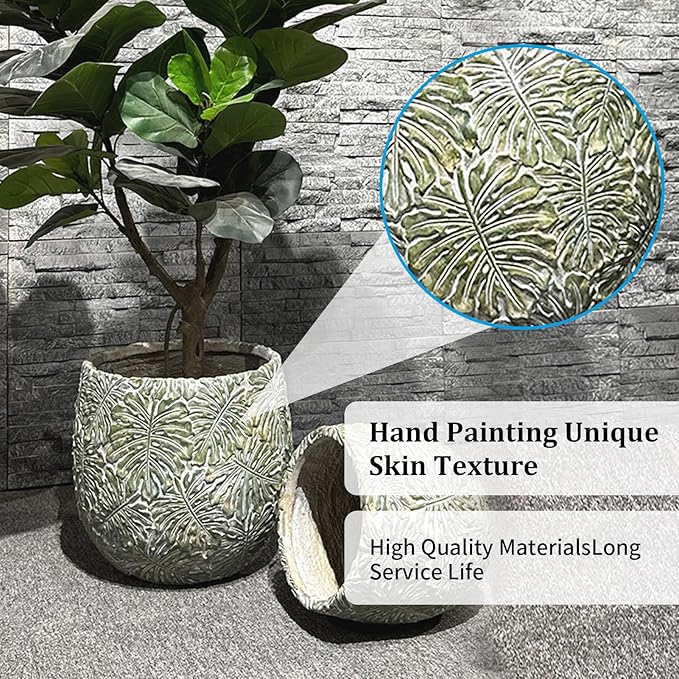 Craft flowerpots 18"+13"+9" Dia Round Concrete Planter Set of 3 Large Outdoor/Indoor Planter Pots Containers with Drainage Holes and Rubber Plug for Home Garden (Green, Large)