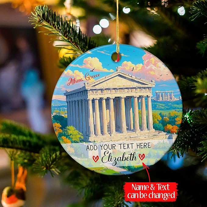 Personalized Athens. Greece Ceramic Christmas Tree Ornament 2025, Parthenon Temple On The Acropolis Xmas Ornaments, Custom Text/Name Greece Travel Souvenir Christmas Ornament Gifts for Family Friends