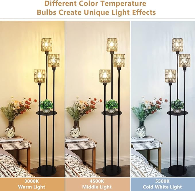 Boho Floor Lamp with Shelves, 3-Lights Farmhouse Tall Floor Lamp with ON/Off Foot Switch, Rustic Standing Lamp with Rattan Shades for Living Room Bedroom Office