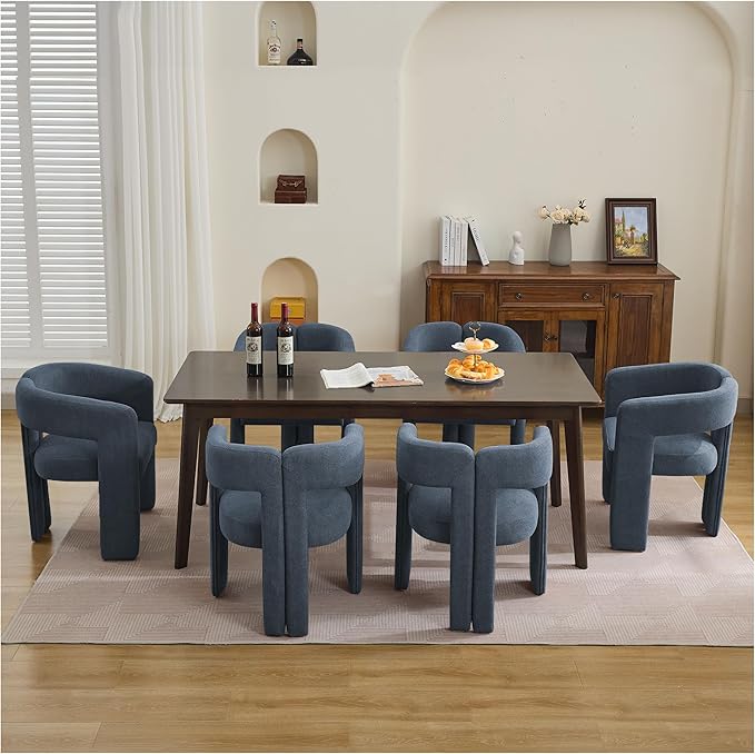 Modern Barrel Dining Chairs Set of 3, Upholstered Linen Dining Room Chair with Wooden Legs, Accent Chairs for Kitchen/Dining Room/Living Room, Blue