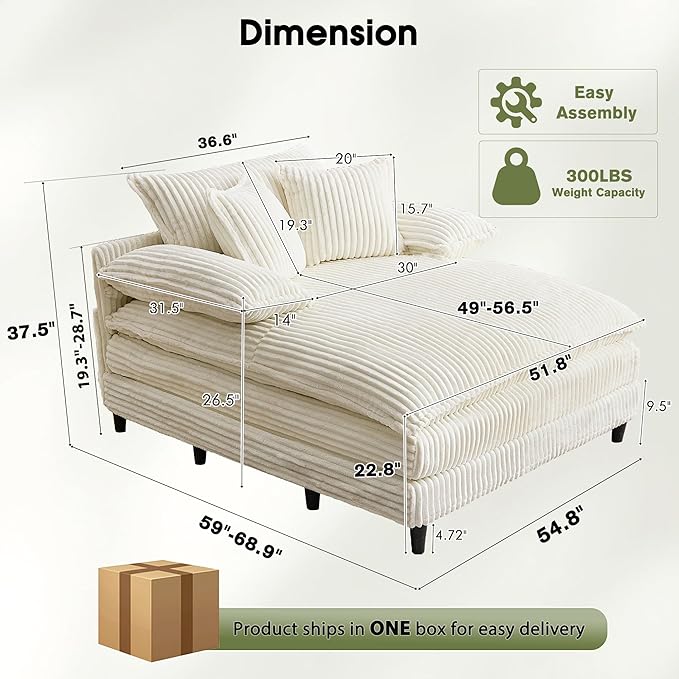 55" W Oversized Chaise Lounge Sofa Couch with 5-Position Adjustable Backrest, Corduroy Sleeper Sofa Bed, Reading Chair ‌with Deep Seat, Cloud Couches for Living Room, Beige