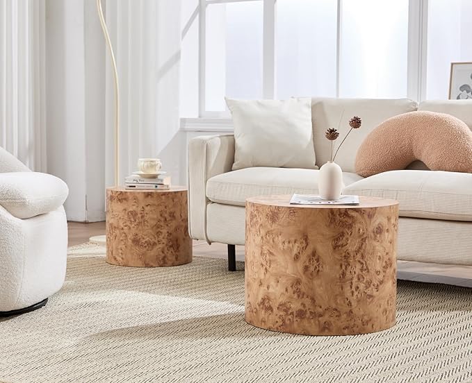 EALSON Nesting Coffee Tables Set of 2 Farmhouse Small Round End Tables Modern Wood Circle Side Table Drum Table for Living Room Small Spaces Bedroom Balcony, No Assembly, Natural Burl