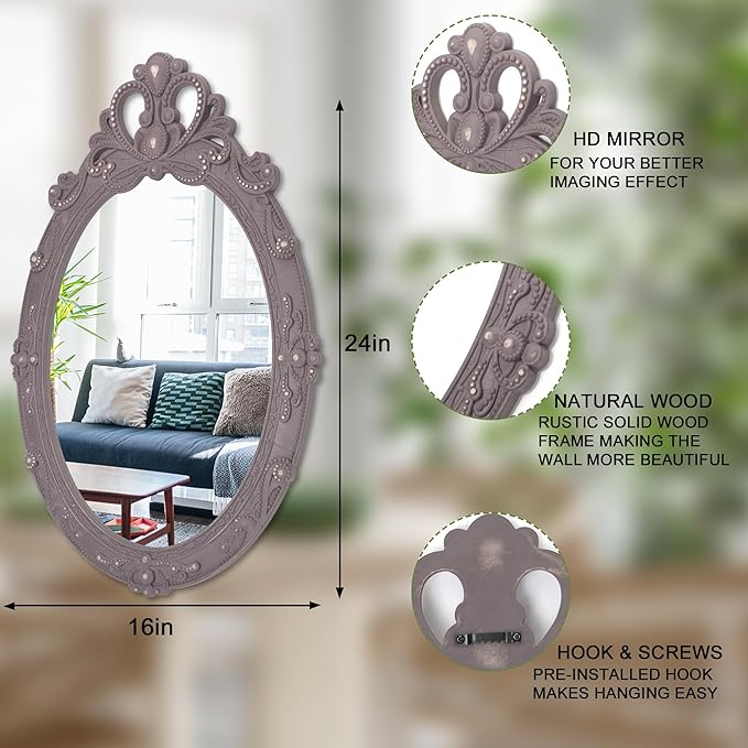 Brown Rustic Mirrors for Wall Vintage Carved Oval Wood Framed Mirror Decorative Wall Hanging Mirror for Bedroom Living Room Bathroom 24 x 16 inch