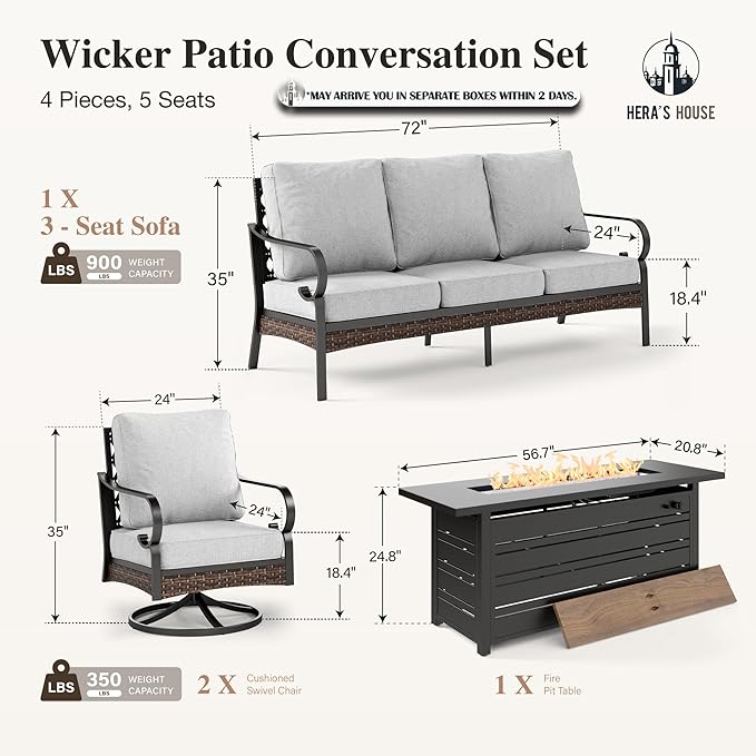 HERA'S HOUSE 4 Piece Patio Furniture Set with 56" Fire Pit Table, 2 x Swivel Cushioned Chair, 1 x 3-Seat Sofa, 5-Seats Outdoor Conversation Set for Lawn Garden Deck, Light Grey