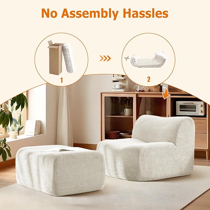 Lazy Sofa Chair, Modern Comfy Raindrop Velvet Fabric Deep Seat Armless Lounge Chair Movable Ottoman Set, 1-Seater Modular Sectional Sleeper Couch for Living Room, Bedroom, Office, Salon, Beige