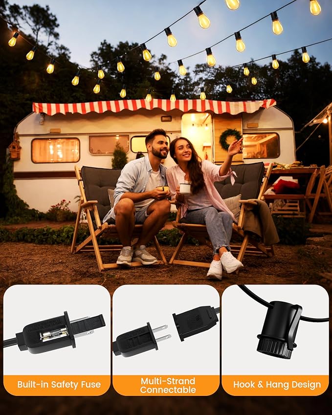 Torkase 50FT Outdoor String Lights LED, S14 Shatterproof Bulbs (15+1), Waterproof Dimmable Patio Lights for Backyard, Porch, Garden - Connectable Commercial Grade