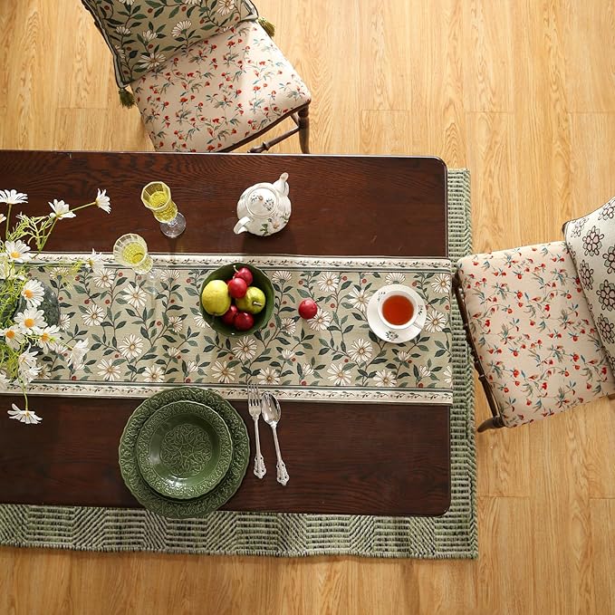 ISAENNE Designer Green Elegant Linen Table Runner 87 Inches Long,Flower and Leaves Pattern Wrinkle Resistant Table Runners for Dining Tables,Thanksgiving,Kitchen Tables,Christmas,12"*87"-Brune