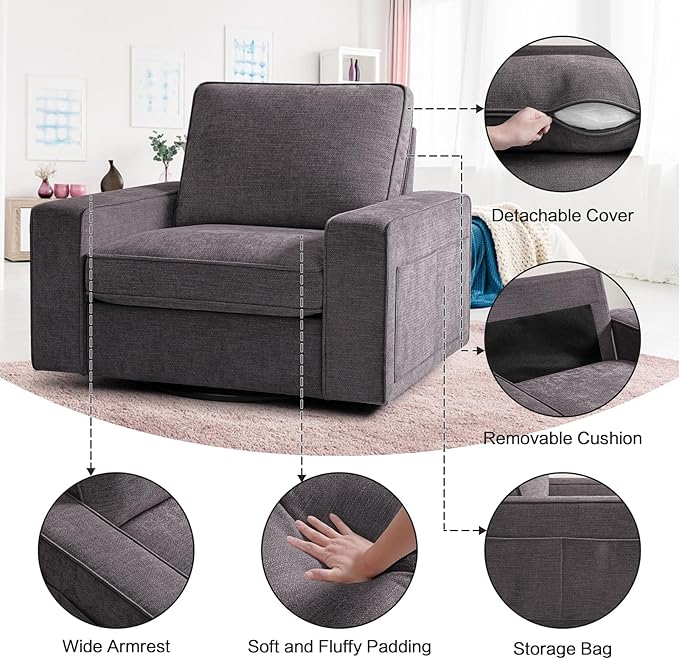Swivel Accent Chair for Living Room Comfy Single Sofa Chair Soft&Breathable Padding with Extra Wide Armrests Washable Detachable Cover (Dark Gray)