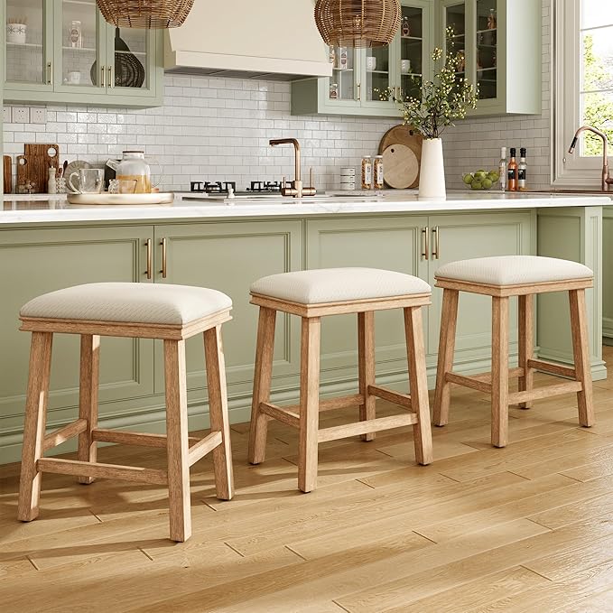 MAISON ARTS Off White Counter Height 24 inch Bar Stool for Kitchen Counter Solid Wood Leg with Faux Leather Padded Seat Farmhouse Barstool for 34"-38" Counter Island Upholstered Stool
