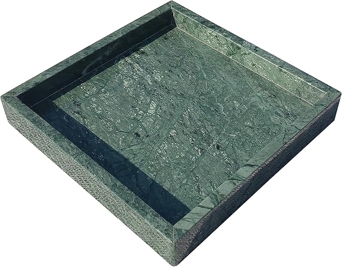 8x8 Natural Marble Vanity Tray: Polished Luxury Square Organizer for Bathroom Kitchen Dresser Makeup Jewelry Coffee Table Home Decor, Dark Green