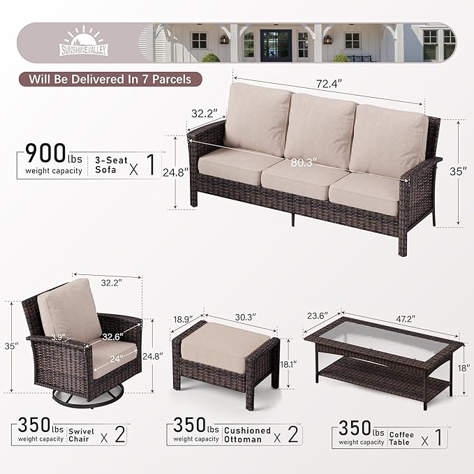 6 Piece Patio Furniture Set with Swivel Chairs, High Back Wicker Rattan Sofa with Extra Thick Cushion, Coffee Table and Ottoman, Outdoor Conversation Set for Backyard Deck,Beige