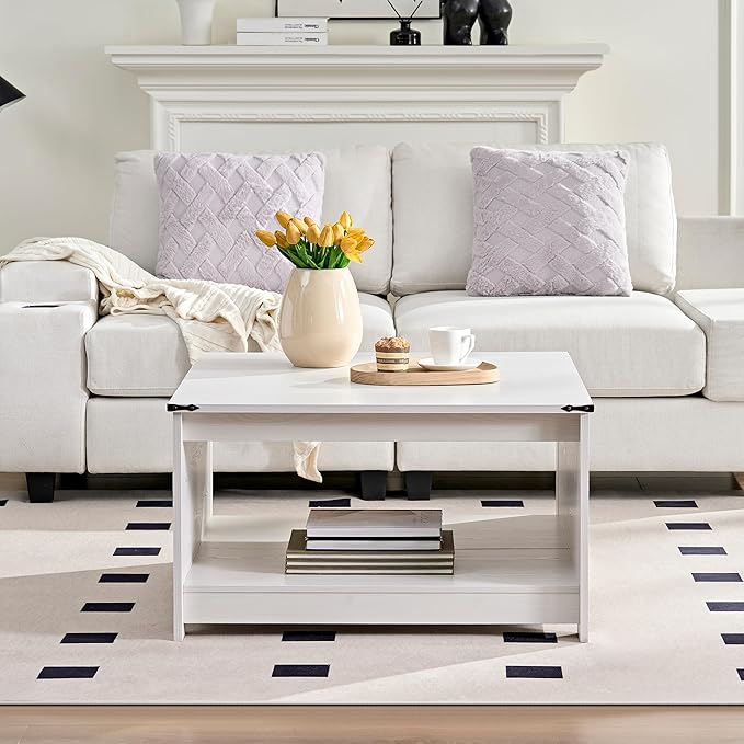 Farmhouse Coffee Table for Living Room, Wood Square Coffee Tables, 31.5" W x 31.5" D, White